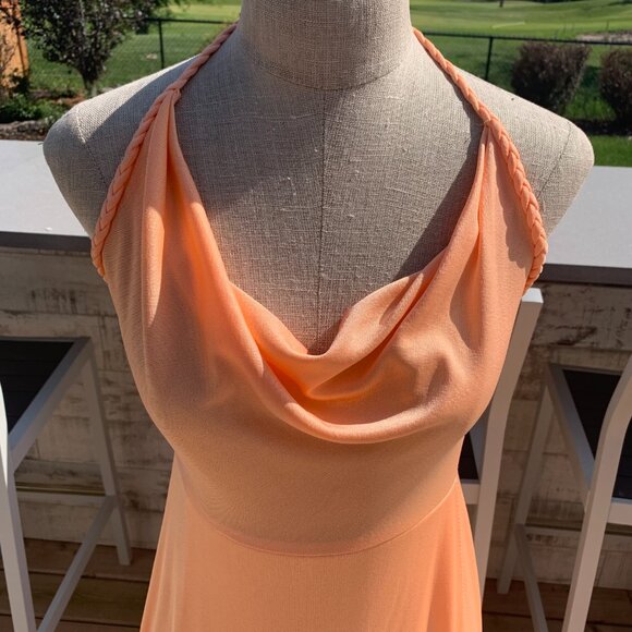 Vintage 70s Tangerine Peach Cowl Neck Wrap Halter Maxi Dress Prom Gown - Picture 2 of 16